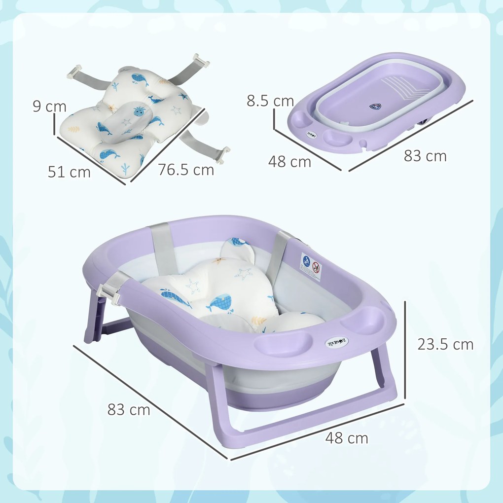 ZONEKIZ Cadita Pliabila pentru Copii 0-6 Ani cu Perna si Organizatoare, 83x48x23.5cm, Violet/Alb | Aosom Romania
