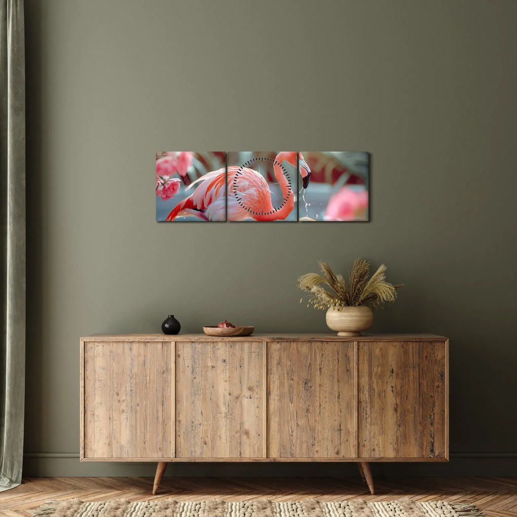 Tablou - Flamingo în iaz (cu ceas) (90x30 cm)