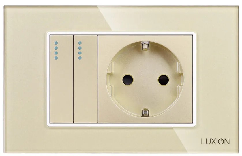 Intrerupator Dublu Cap Scara + Priza cu Rama din Sticla LUXION, Standard Italian, 3M