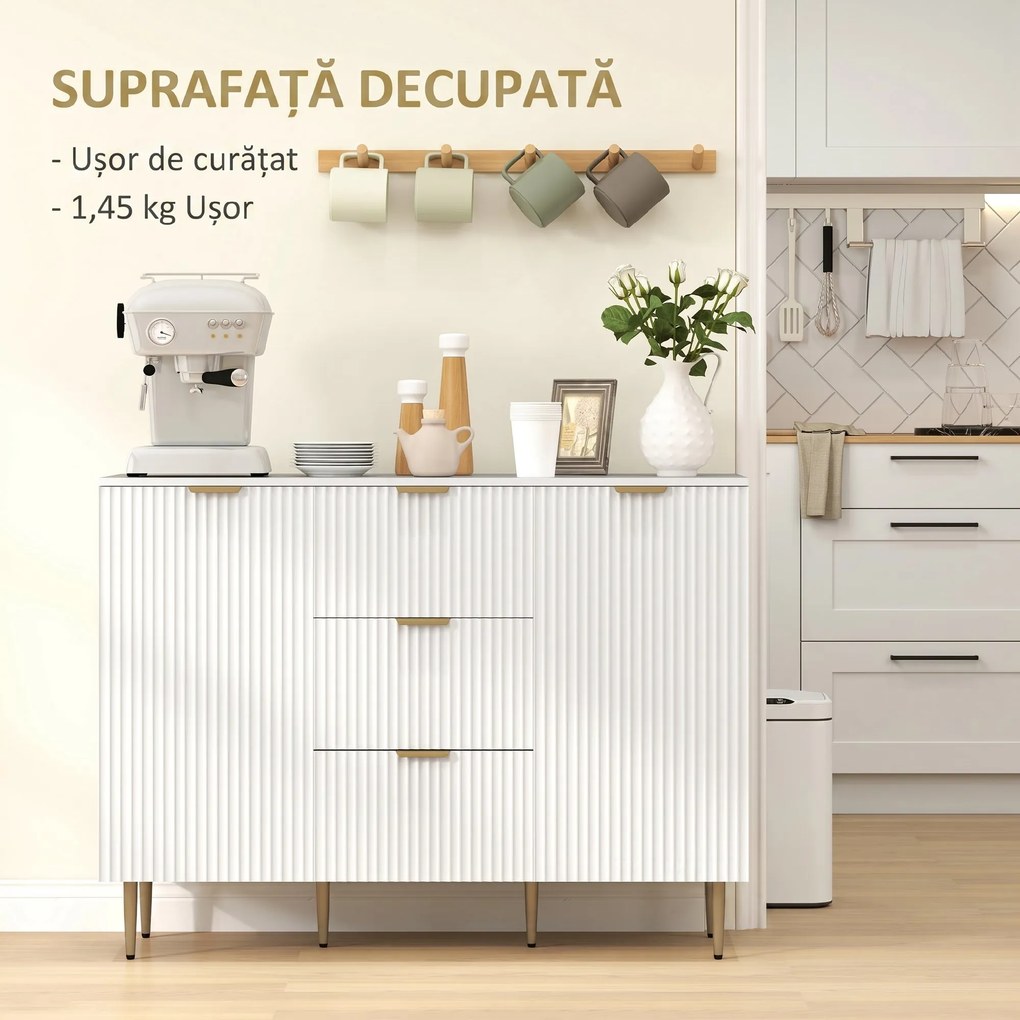 HOMCOM Dulap de Depozitare pentru Bucatarie cu 3 Sertare, Rafturi Reglabile și Picioare Metalice, 120x40x89,5 cm, Alb | Aosom Romania