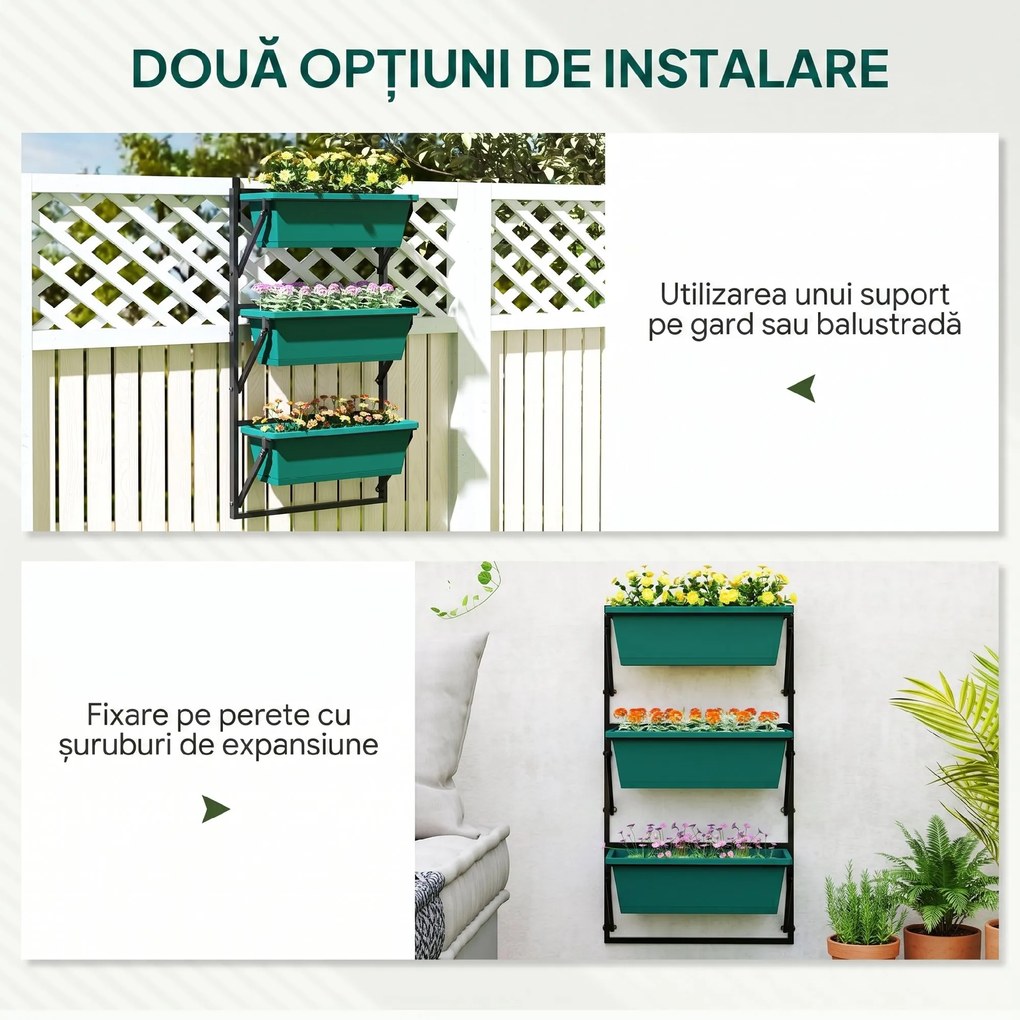 Outsunny Jardinieră Verticală pentru Exterior cu 3 Niveluri și Ghivece cu Orificii de Drenaj, 56x42x100 cm, Verde | Aosom Romania