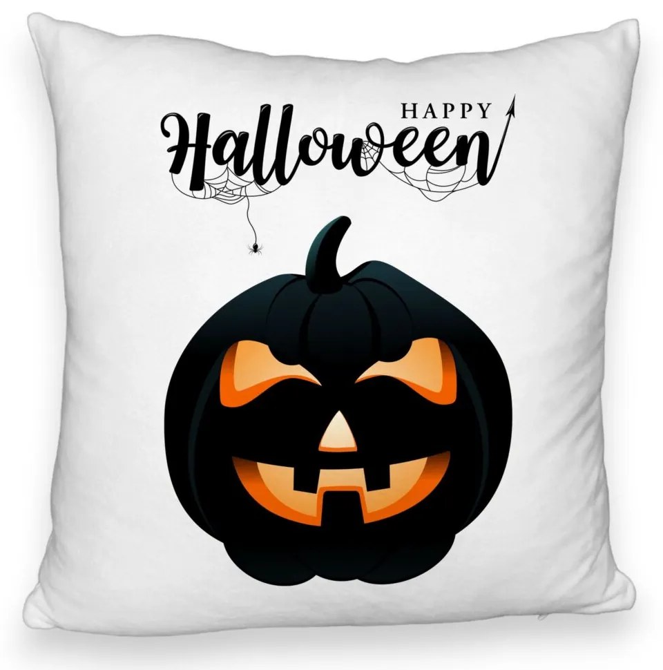 Perna Decorativa Fluffy cu motiv Dovleac de Halloween si Text, 40x40 cm, Alba, Husa Detasabila, Burduf