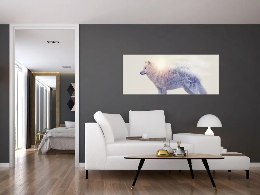 Tablou - Lupul arctic oglindit în peisaj sălbatic (120x50 cm)