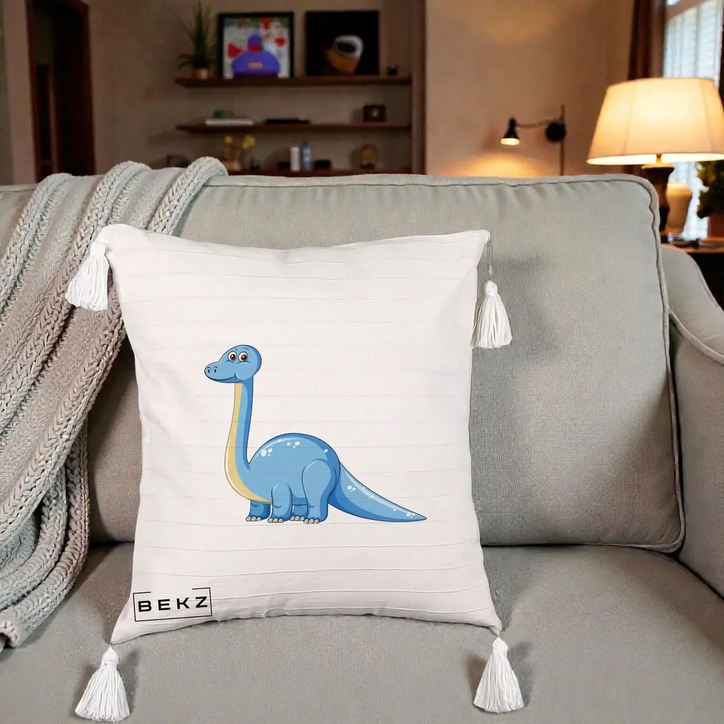 Perna Personalizata Brontosaur Albastru, 40x40 cm, Bej cu Franjuri, Husa Detasabila, Perna Inclusa, BEKZ®
