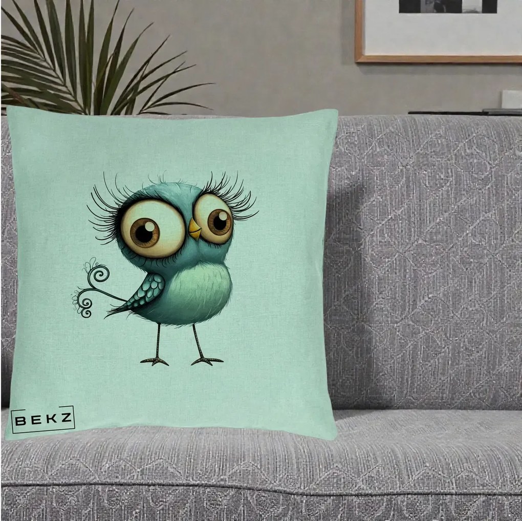 Perna Decorativa Pasare Teal cu Gene si Coada Spiralata, 40x40 cm, Verde Menta, Husa Detasabila, Perna Inclusa, BEKZ®