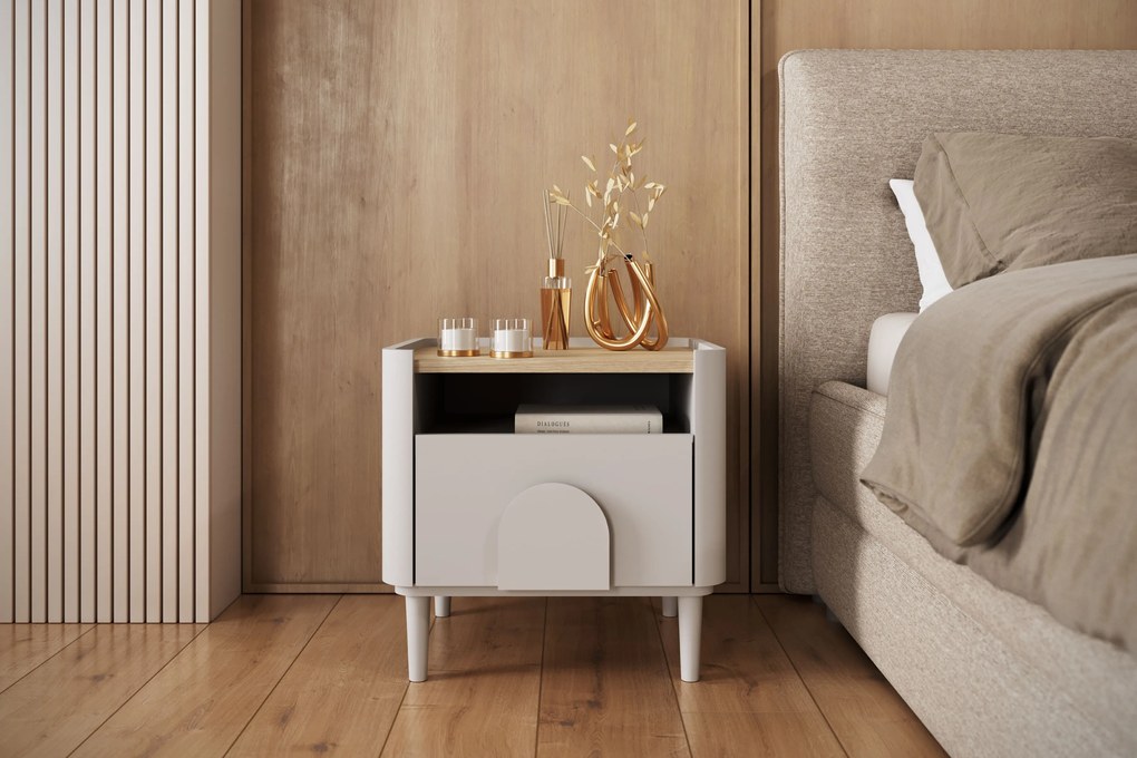 Noptieră Amilio 50 cm - cashmere / stejar uleiat / mânere cashmere