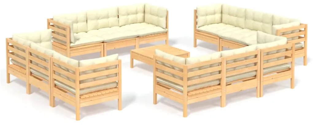 3096070 vidaXL Set mobilier grădină cu perne, 13 piese, crem, lemn de pin