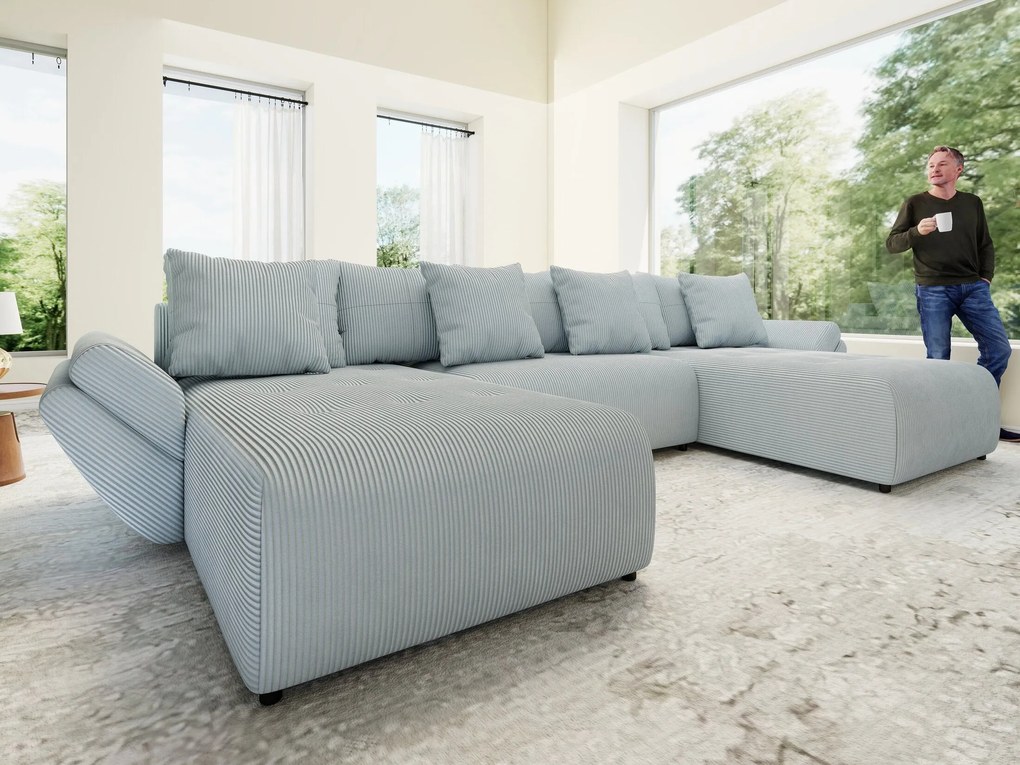 Colțar extensibil dumonde cu ladă de depozitare si sezut confortabil din spuma high-density, Berlin U Zoom GREY 380x180 cm