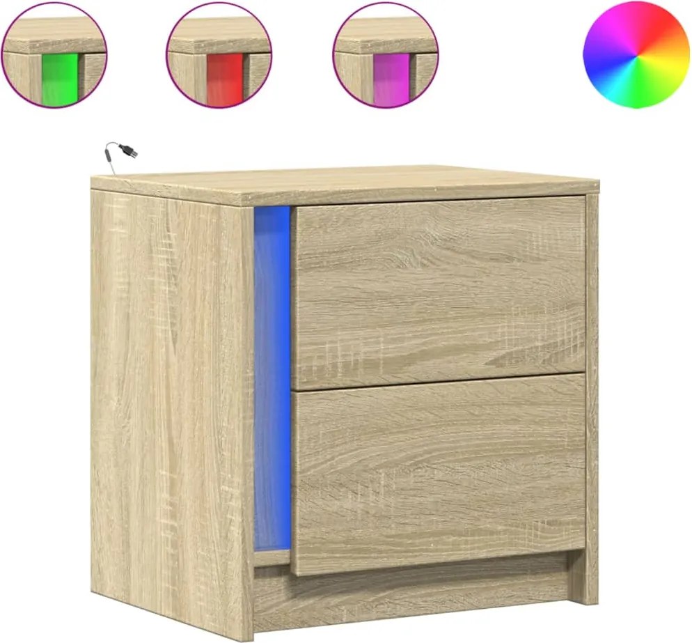 vidaXL Noptiere cu lumini LED, 2 buc., stejar sonoma, lemn prelucrat