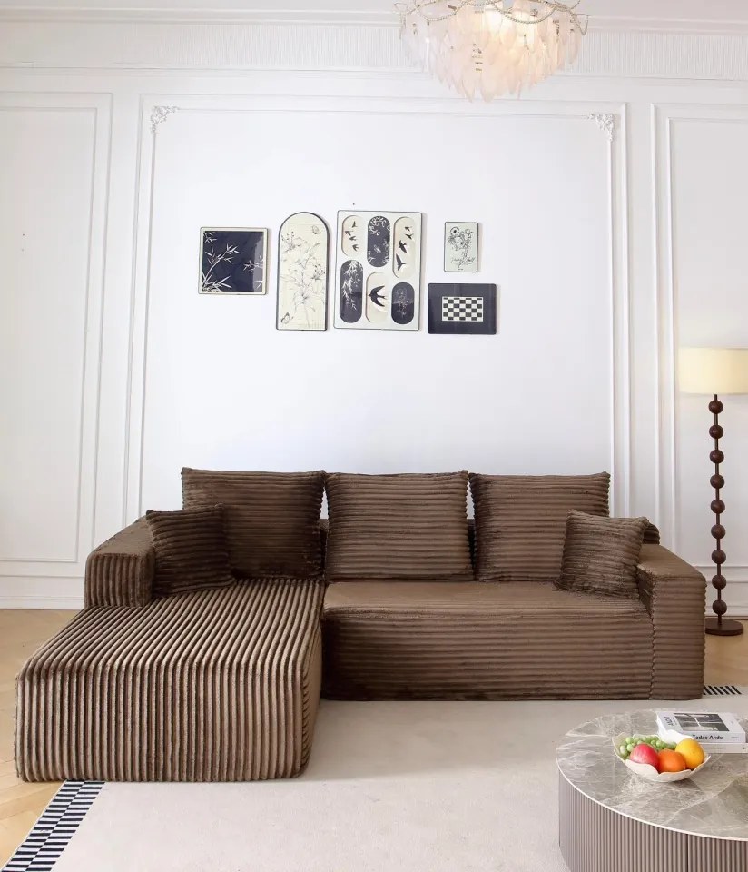 Canapea Colțar Premium Memory Foam HD 270x170x70 cm | Material Plusat Reiat cu Dungi Groase (Culoare: Negru)