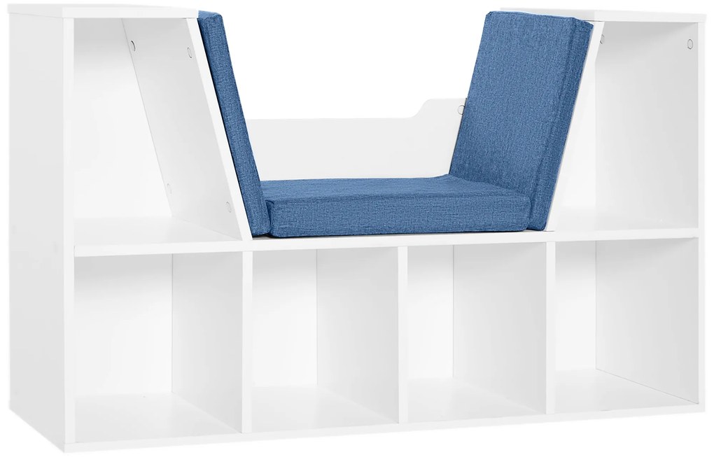 HOMCOM Bibliotecă Bancă 2 în 1 Design Contemporan 6 casete 3 Perne incluse 102L x 30l x 61A cm Alb Albastru | Aosom Romania