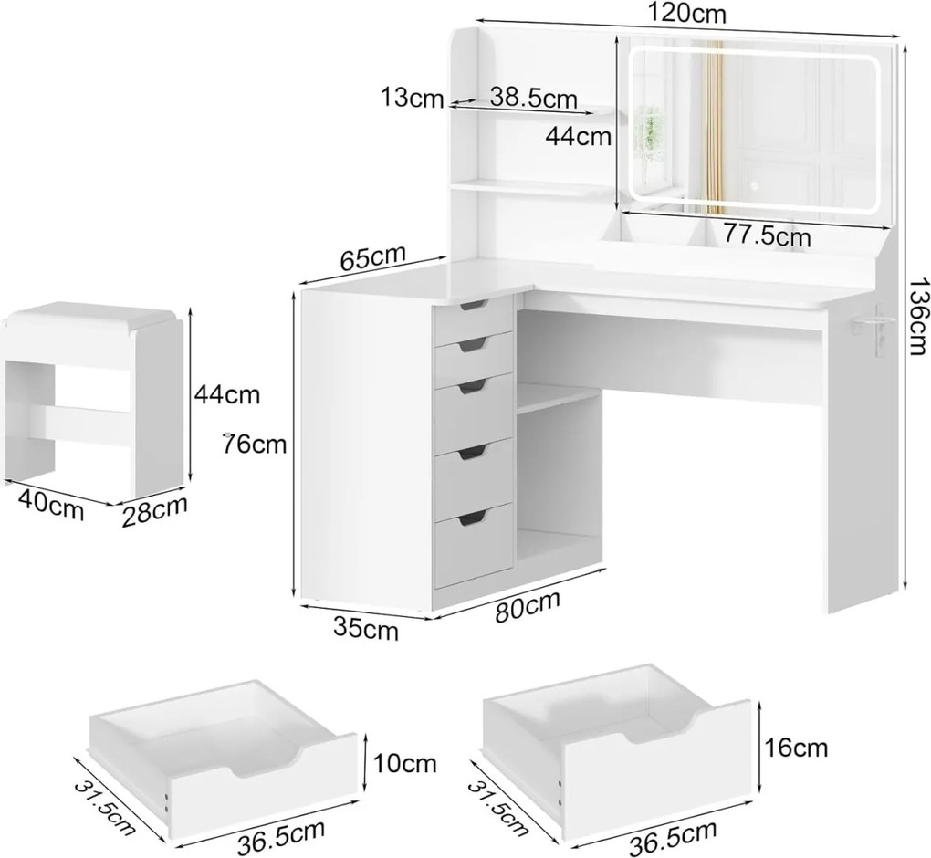 Masuta machiaj cu Oglinda LED si 5 Sertare pentru Cosmetice, Set Masa toaleta 120 cm, Alb, masuta cosmetica, vanity - SEA496