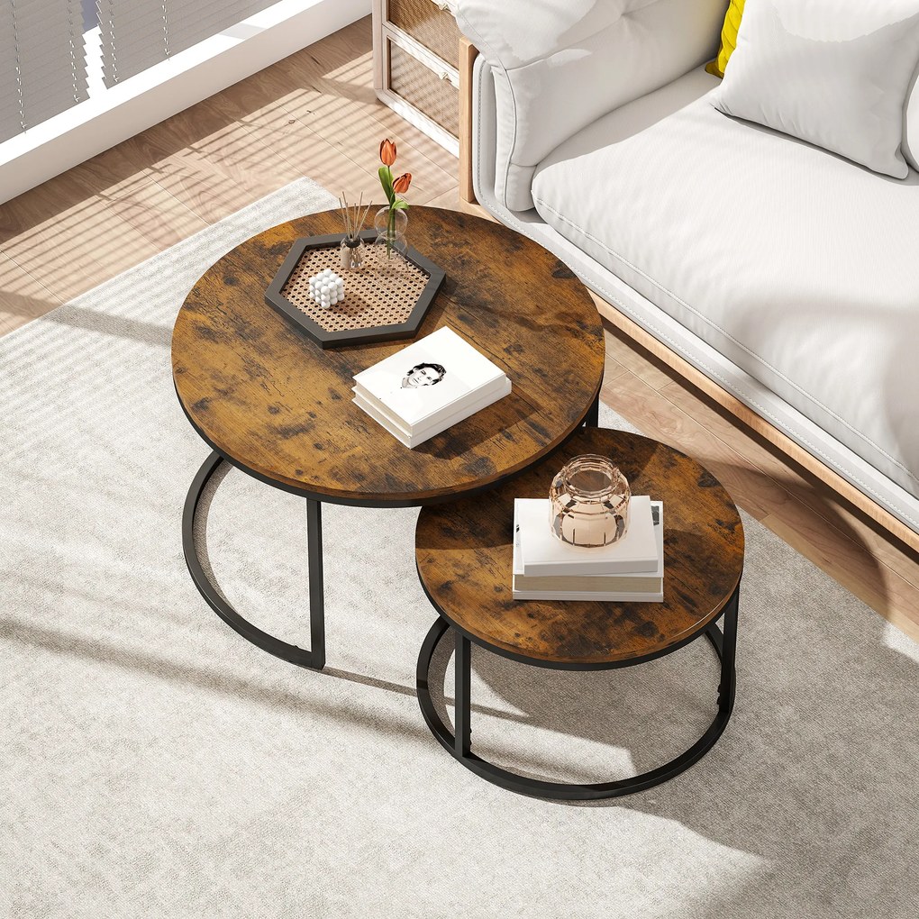 HOMCOM Set de 2 măsuțe nesting stivuibile design industrial blat cu aspect de ciment picioare din metal maro rustic | Aosom Romania