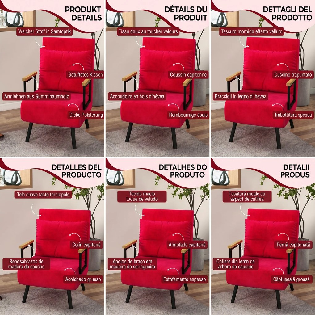 HOMCOM Canapea Extensibilă cu Spătar Reglabil pe 5 Nivele, Canapea Pat Individuală Pliabilă cu Perne, 63x73x81 cm, Roșu | Aosom Romania