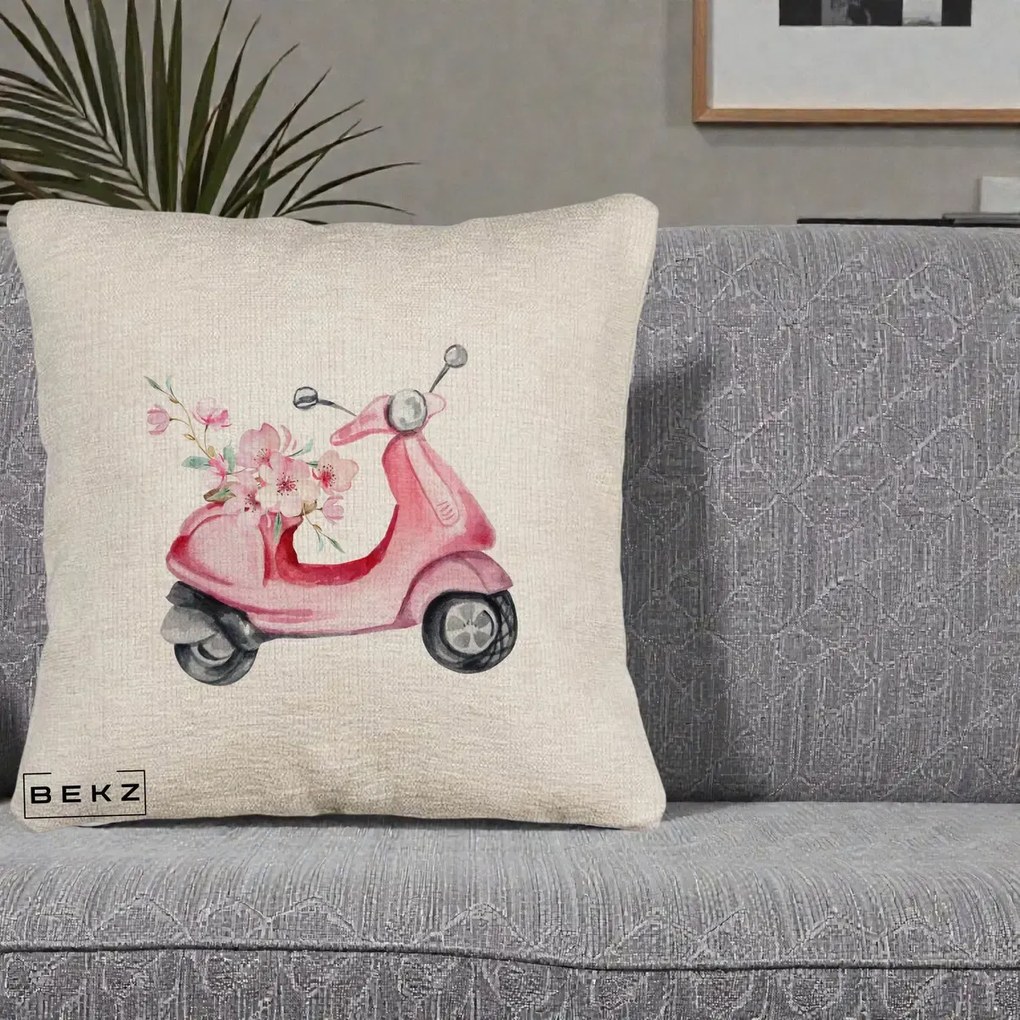 Perna Decorativa Scuter Roz cu Flori Acuarela, 40x40 cm, Bej Canapea, Husa Detasabila, Perna Inclusa, BEKZ®