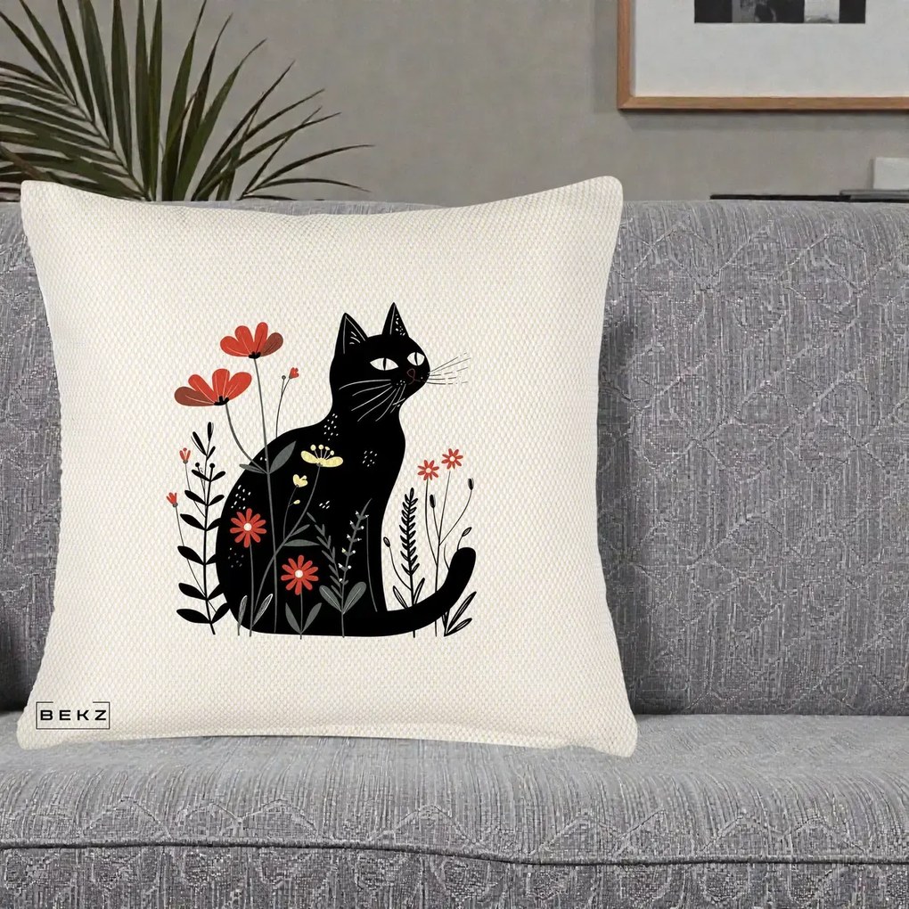 Perna Decorativa Pisica Neagra Flori Rosii Folk, 40x40 cm, Crem Reliefat, Husa Detasabila, Perna Inclusa, BEKZ®