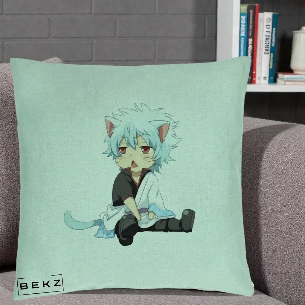 Perna Personalizata Gintama Gintoki Chibi Pisica, 40x40 cm, Verde Menta, Husa Detasabila, Perna Inclusa, BEKZ®