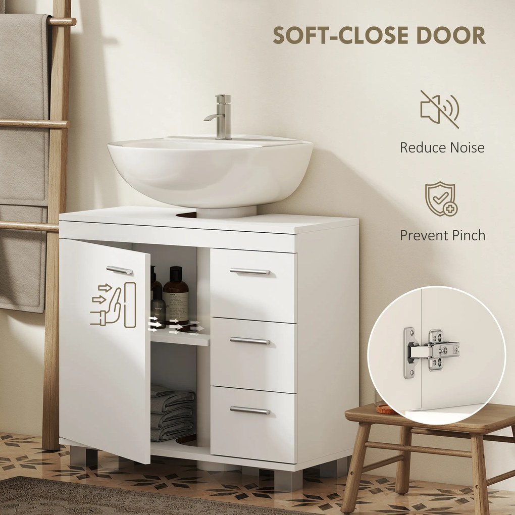 HOMCOM Dulap Sub Lavoar pentru Baie cu Ușă Amortizată și 3 Sertare, Decupaj în Formă de U și Rafturi, Dulap Modern și Compact pentru Lavoare cu Piedestal sau Fără, Alb | Aosom Romania
