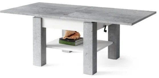 Masă extensibilă CALEB pentru living și dining cu blat cu mecanism de ridicare, gri beton/alb