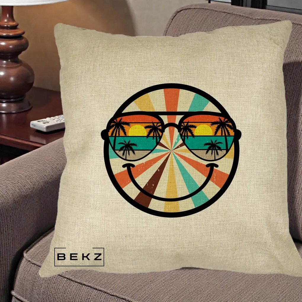 Perna Decorativa Smiley Face Retro Sunset Palmieri, 40x40 cm, Crem, Husa Detasabila, Perna Inclusa, BEKZ®