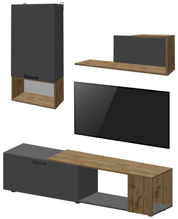 Set mobilier living Poelfy, Pako World, Gri inchis-Stejar, 170x37x42 cm