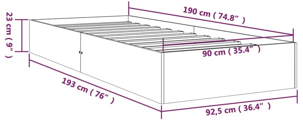 Cadru de pat Single 3FT, gri, 90x190 cm, lemn masiv Gri, 90 x 190 cm