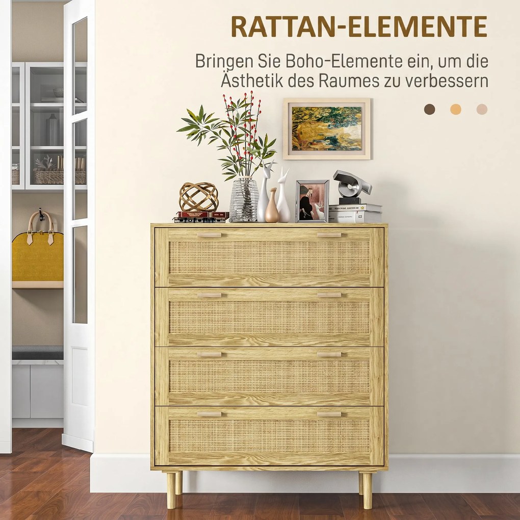 HOMCOM Comodă cu 4 Sertare în Stil Boho, Comodă din Lemn și Ratan pentru Dormitor și Hol, 90x45x108,5 cm, Stejar | Aosom Romania