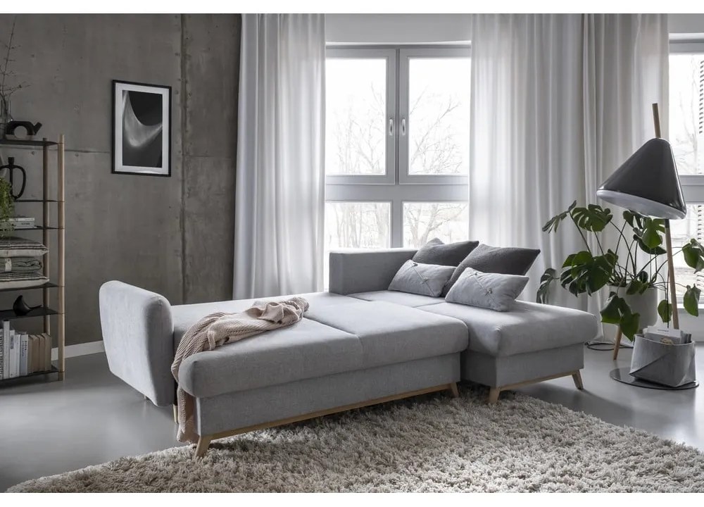 Colțar gri deschis extensibil/cu spațiu de depozitare (cu colț pe partea dreaptă/cu șezlong) Scandic Lagom – Miuform