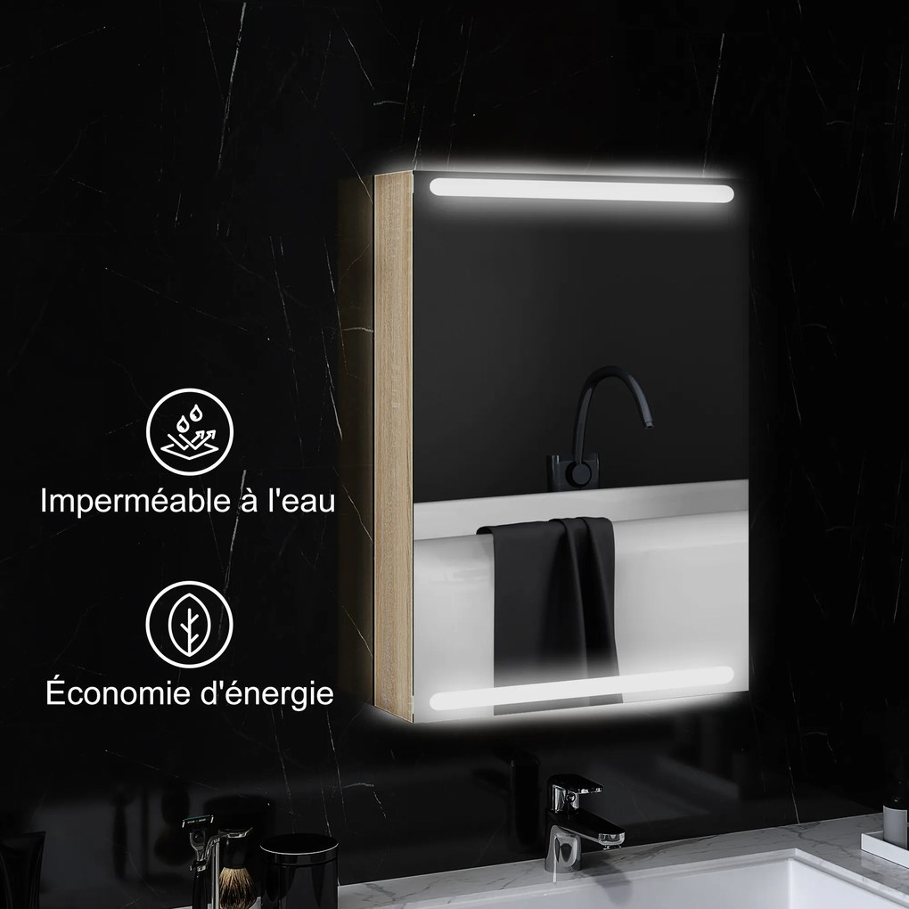 HOMCOM Dulap cu oglindă pentru baie cu lumini LED și rafturi din sticlă reglabile, montat pe perete 50x12,5x70cm, lemn natural | Aosom Romania