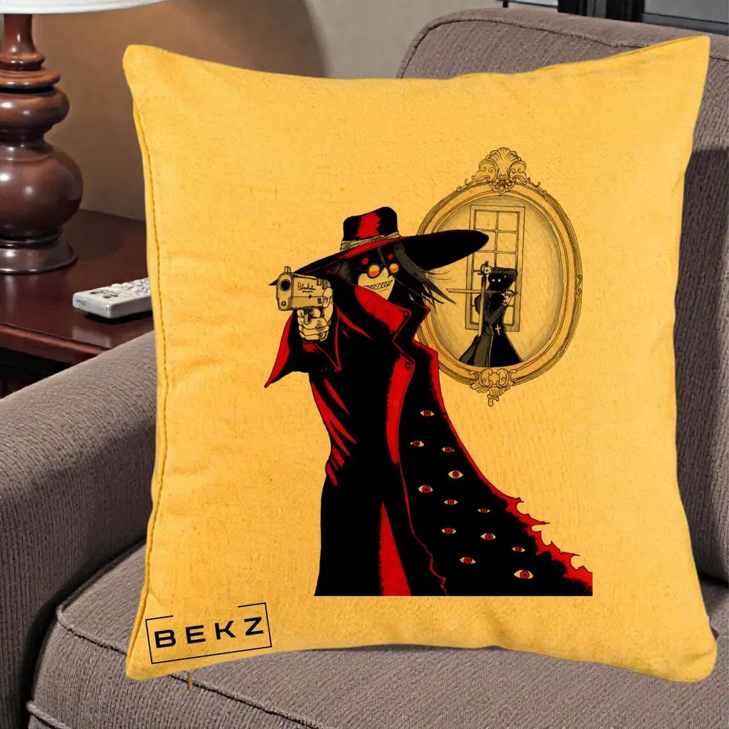 Perna Personalizata Hellsing Alucard cu Pistoale, 40x40 cm, Galben, Husa Detasabila, Perna Inclusa, BEKZ®