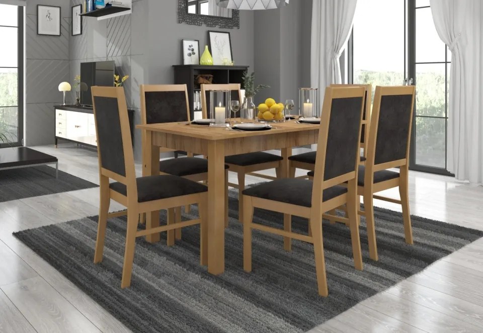 Set de masa extensibila si 6 scaune tapitate, RODOS 25, ADRK Furniture (Culoare: Stejar)