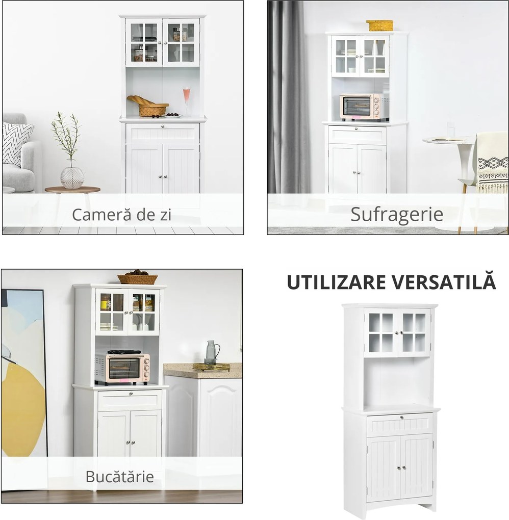 HOMCOM Dulap pentru bucatarie si sufragerie cu 2 compartimente, rafturi reglabile si masa, MDF, 68,6x40x164 cm, alb | Aosom Romania