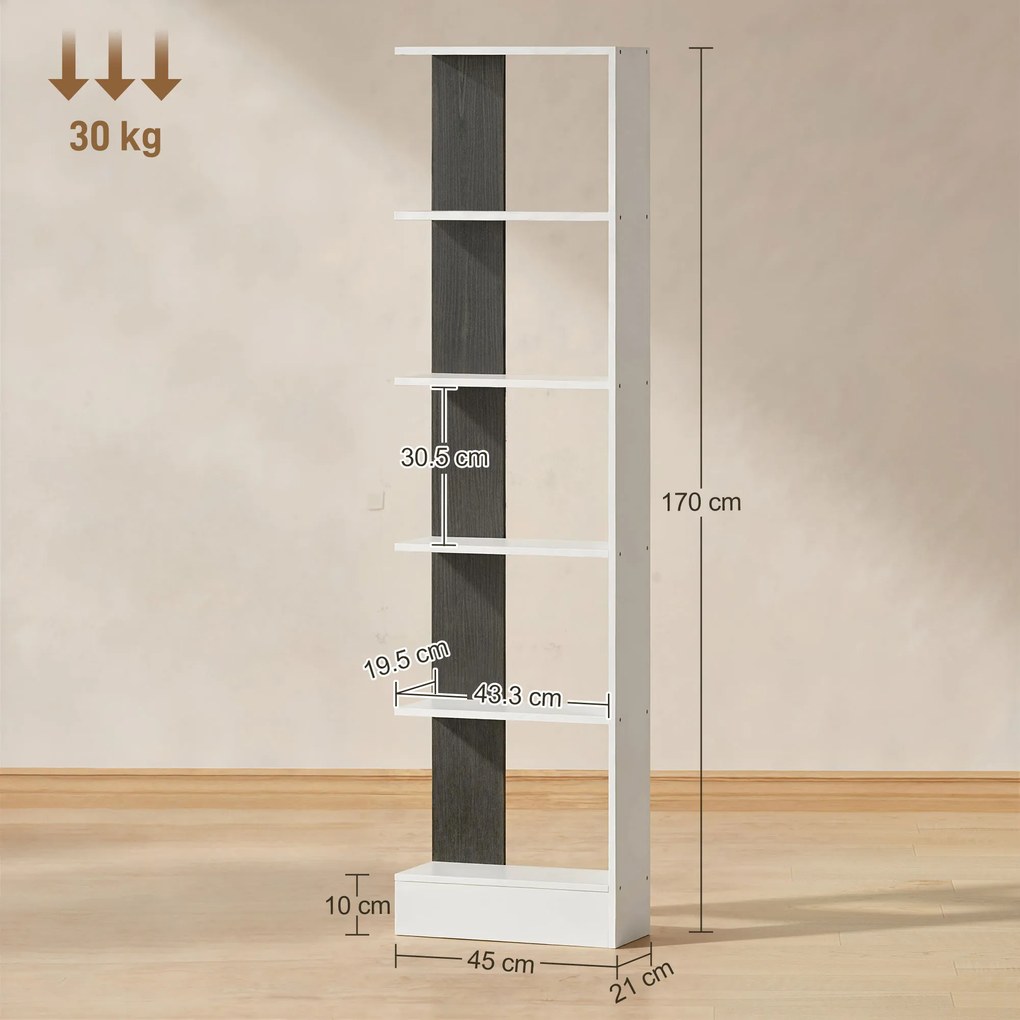 HOMCOM Raft Îngust cu 5 Etajere, Raft Economisitor de Spațiu Modern din Lemn, Bibliotecă pentru Baie, Living, Dormitor, Birou, 45x21x170 cm, Alb și Negru | Aosom Romania