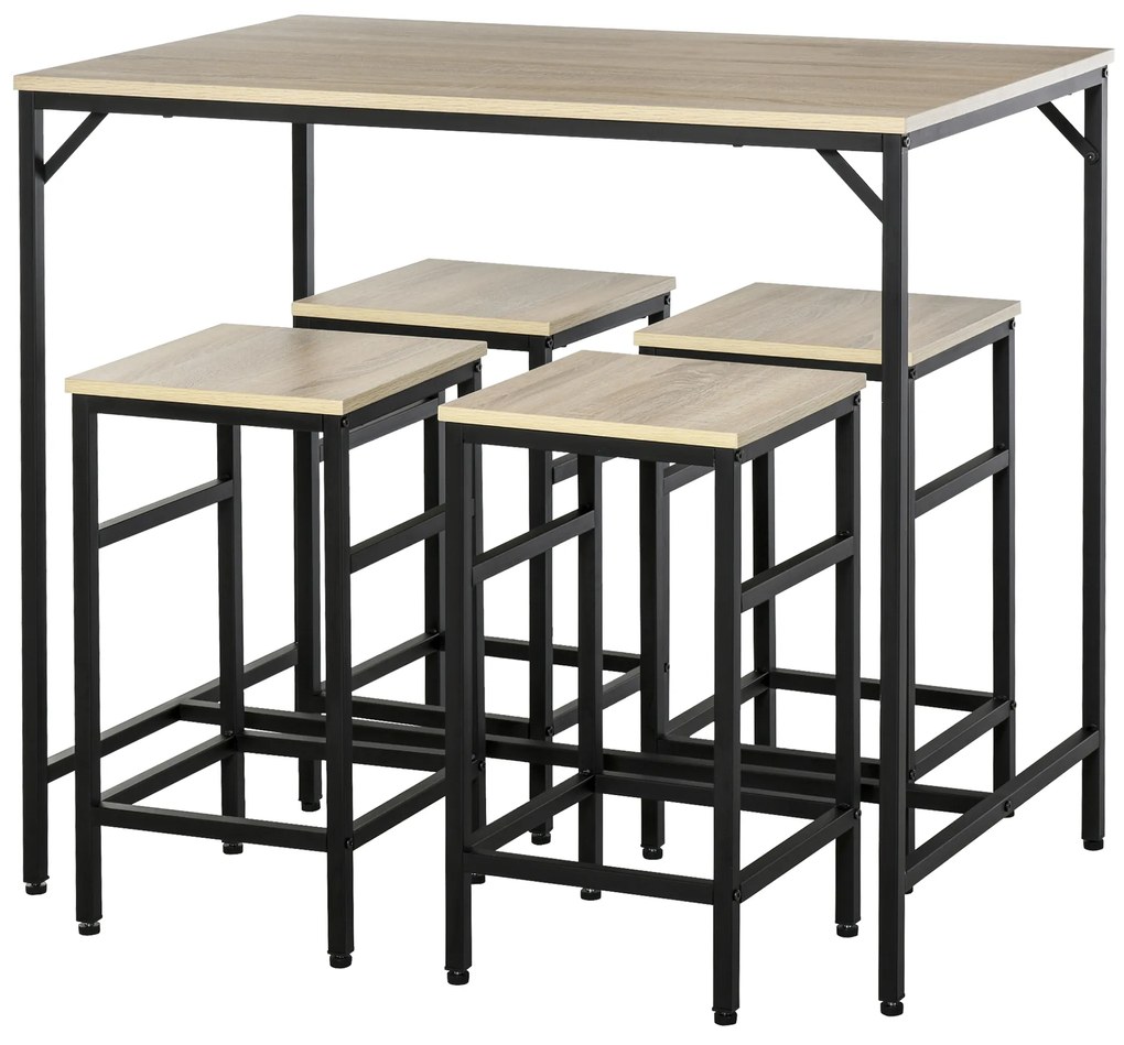 HOMCOM Set Masă de Bar Industrial + 4 taburete cu suport pentru picioare din lemn culoare Stejar Deschis Cadrul negru metalic | Aosom Romania