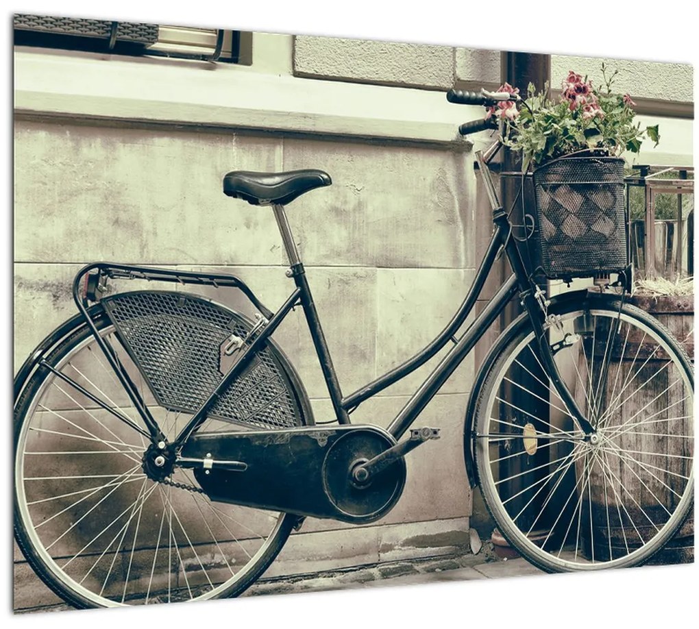 Tablou pe sticlă - Bicicleta de epocă cu flori (70x50 cm)