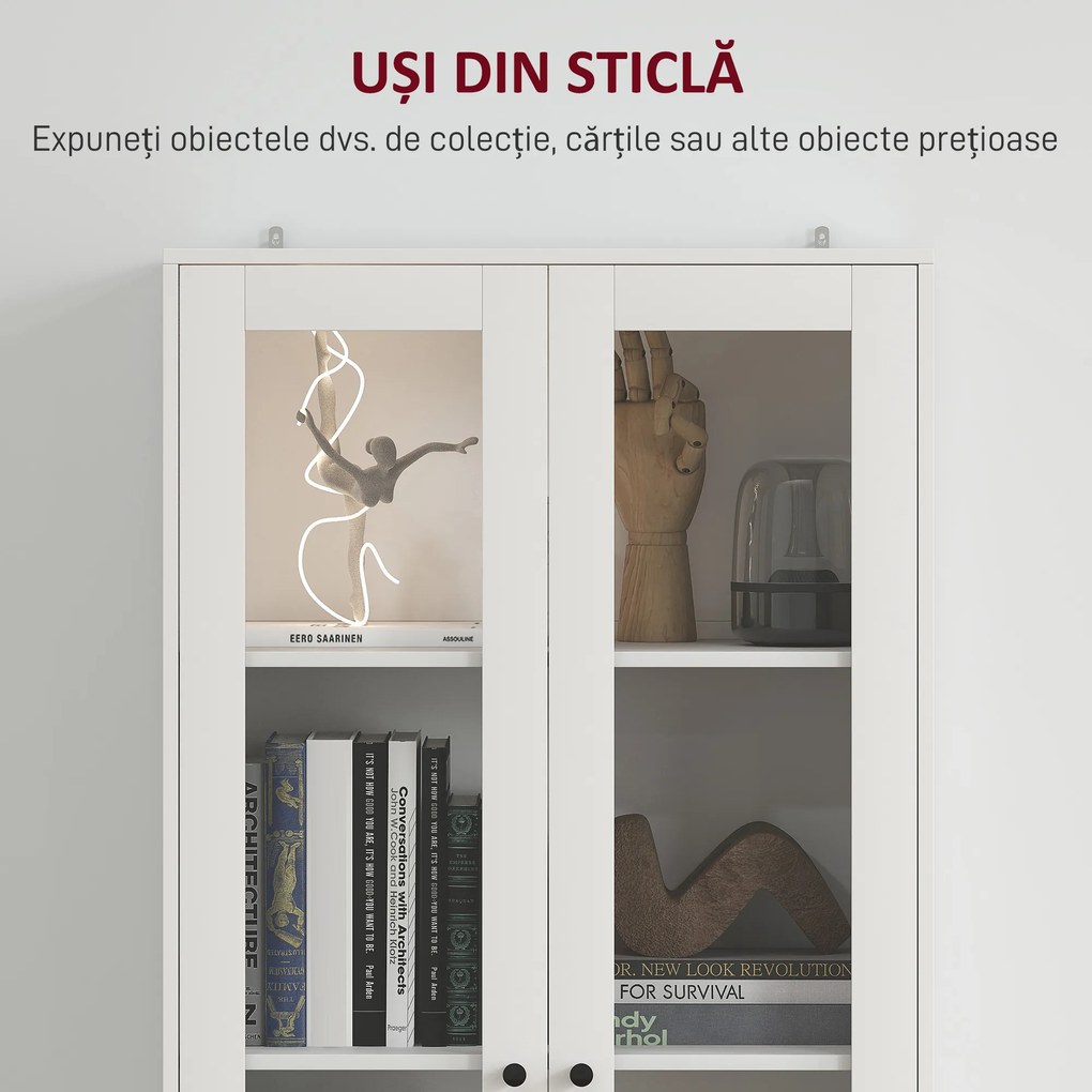 HOMCOM Dulap de Bucătărie cu Uși din Sticlă, 2 Sertare și Rafturi Reglabile Alb | Aosom Romania