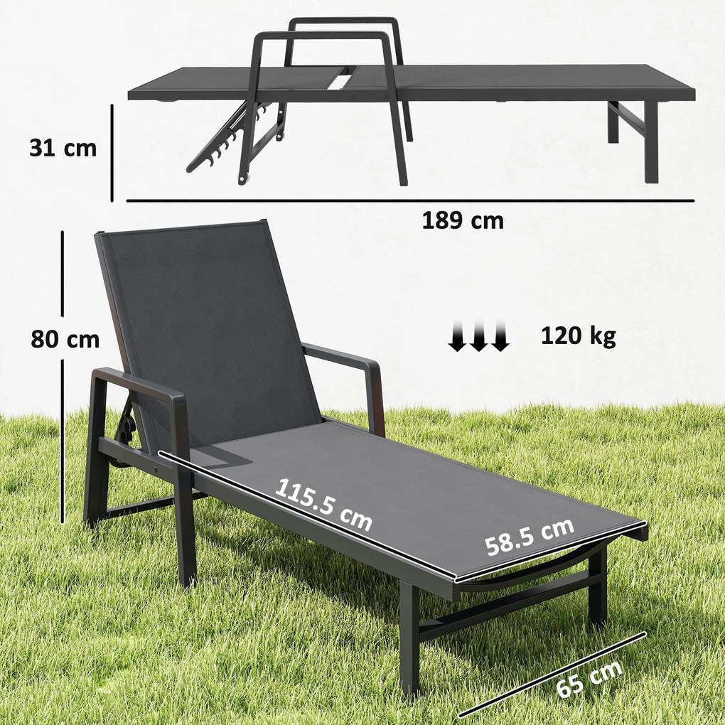 Outsunny Șezlong de grădină din textilenă și aluminiu, reglabil în 4 poziții cu roți și brațere, 65x189x80cm, Gri închis | Aosom Romania