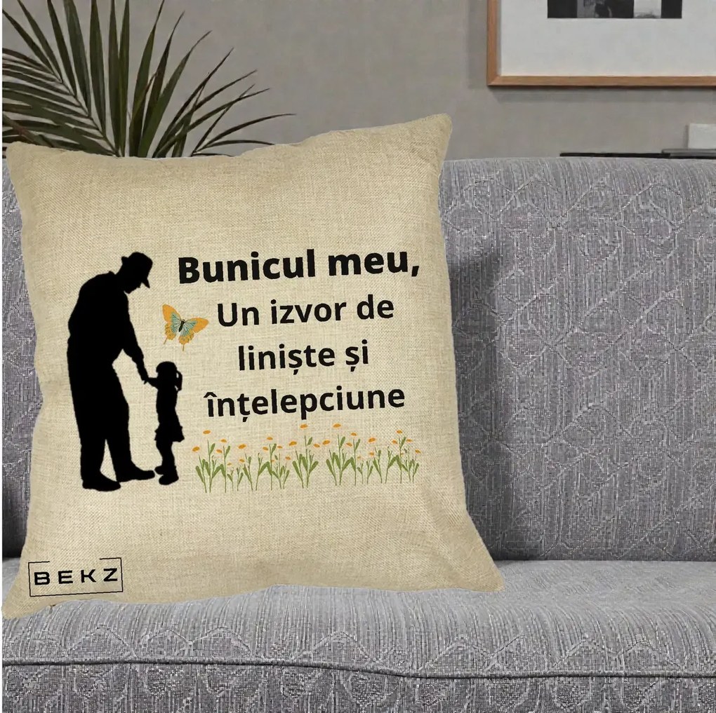 Cadou pentru Bunic - Perna Personalizata Bunicul Meu Izvor de Liniste cu Fluture si Fetita, 40x40 cm, Crem, Husa Detasabila, Perna Inclusa, BEKZ®