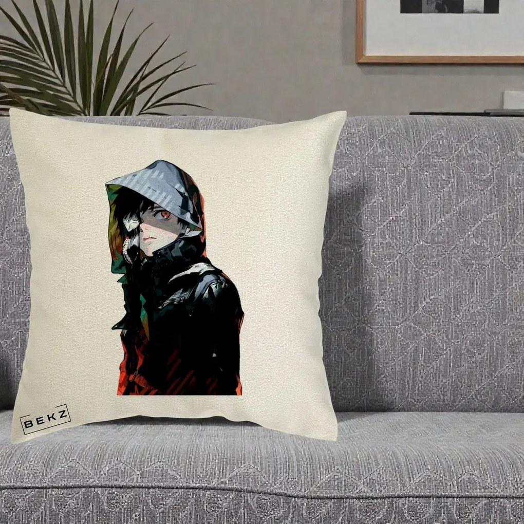 Perna Personalizata Tokyo Ghoul Ken Kaneki cu Masca si Gluga, 40x40 cm, Ecru, Husa Detasabila, Perna Inclusa, BEKZ®