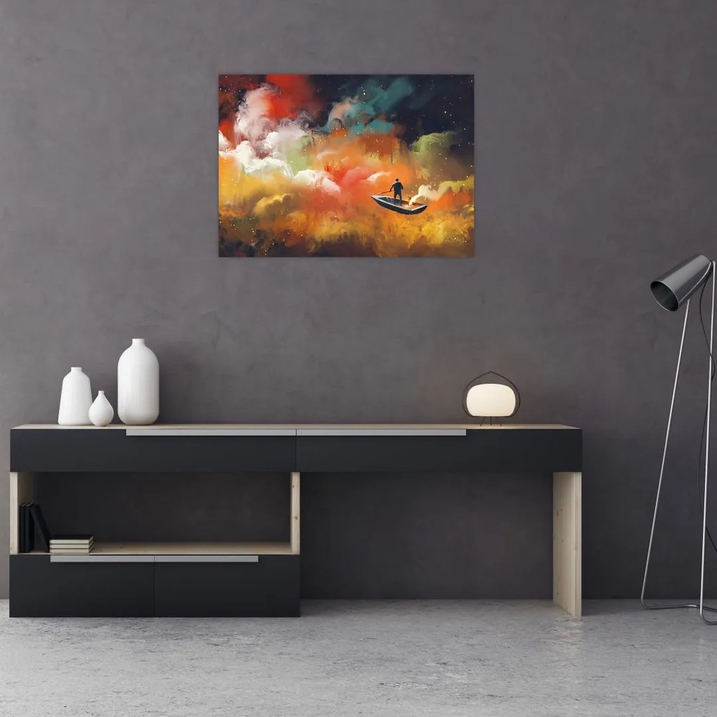 Tablou pe sticlă - Om navigând prin spațiu (70x50 cm)