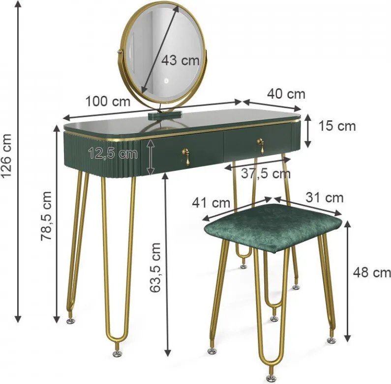 Masuta machiaj cu Oglinda LED si 2 Sertare pentru Cosmetice, Set Masa toaleta 100 cm, masuta cosmetica, vanity - SEV203