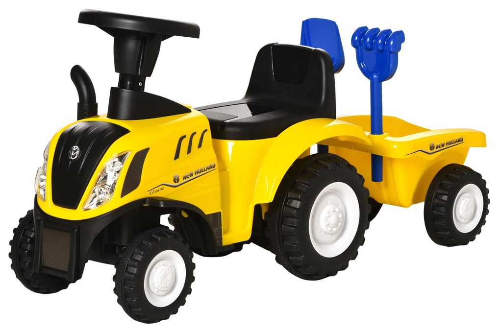 Tractor pentru Copii 12-36 Luni HOMCOM, Prevazut cu Loc cu Remorca, Grebla si Lopata, Joc Educativ, 91x29x44cm, Galben | Aosom Romania