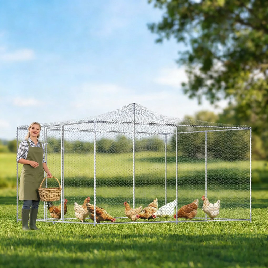 PawHut Țarc pentru Găini de Exterior, 4x3x2m 12㎡ Adăpost pentru Găini din Oțel Galvanizat cu Acoperiș Impermeabil Anti-UV și Închidere Dublă, Coteț pentru Păsări, Animale Mici, Iepuri și Rațe | Aosom Romania