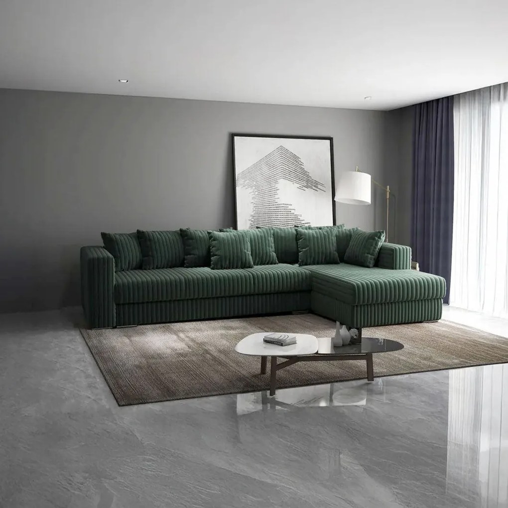 Colțar extensibil dumonde cu ladă de depozitare si sezut confortabil din spuma high-density, Gloria Ambience Green II 320x183 cm