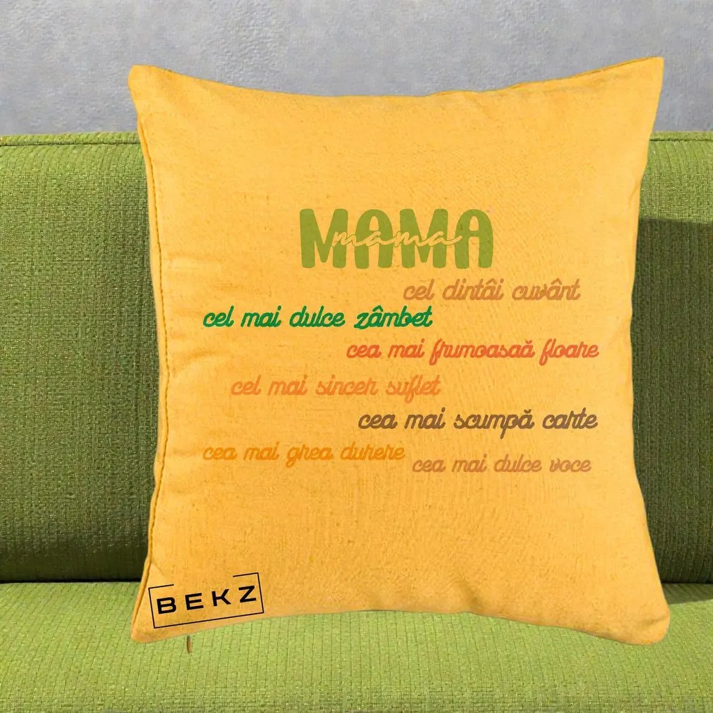Cadou pentru Mama - Perna Personalizata Mama Cel Dintai Cuvant cu Text Colorat Multicolor, 40x40 cm, Galben, Husa Detasabila, Perna Inclusa, BEKZ®