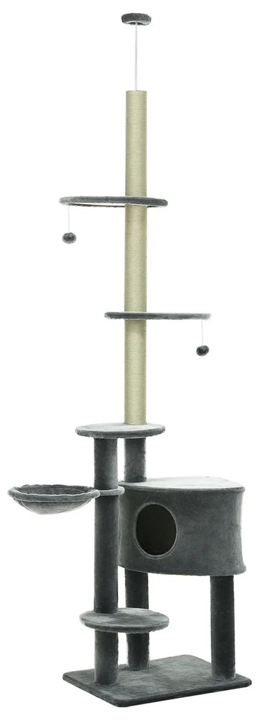 PawHut Kratzbaum deckenhoch Înălțime 220-265 cm Arbore pentru pisici cu bile de joc, cuib pentru pisici, hamac, stâlpi de sisal, platforme, zgârieui pentru pisici cu mai multe etaje pentru pisici de dimensiune medie, Gri închis | Aosom Romania