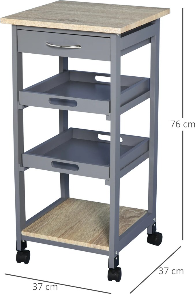 HOMCOM Carucior Bucatarie Sertar 2 Tavi Glisante Blat Fix Lemn Pin MDF 37x37x76cm Gri Stejar | Aosom Romania