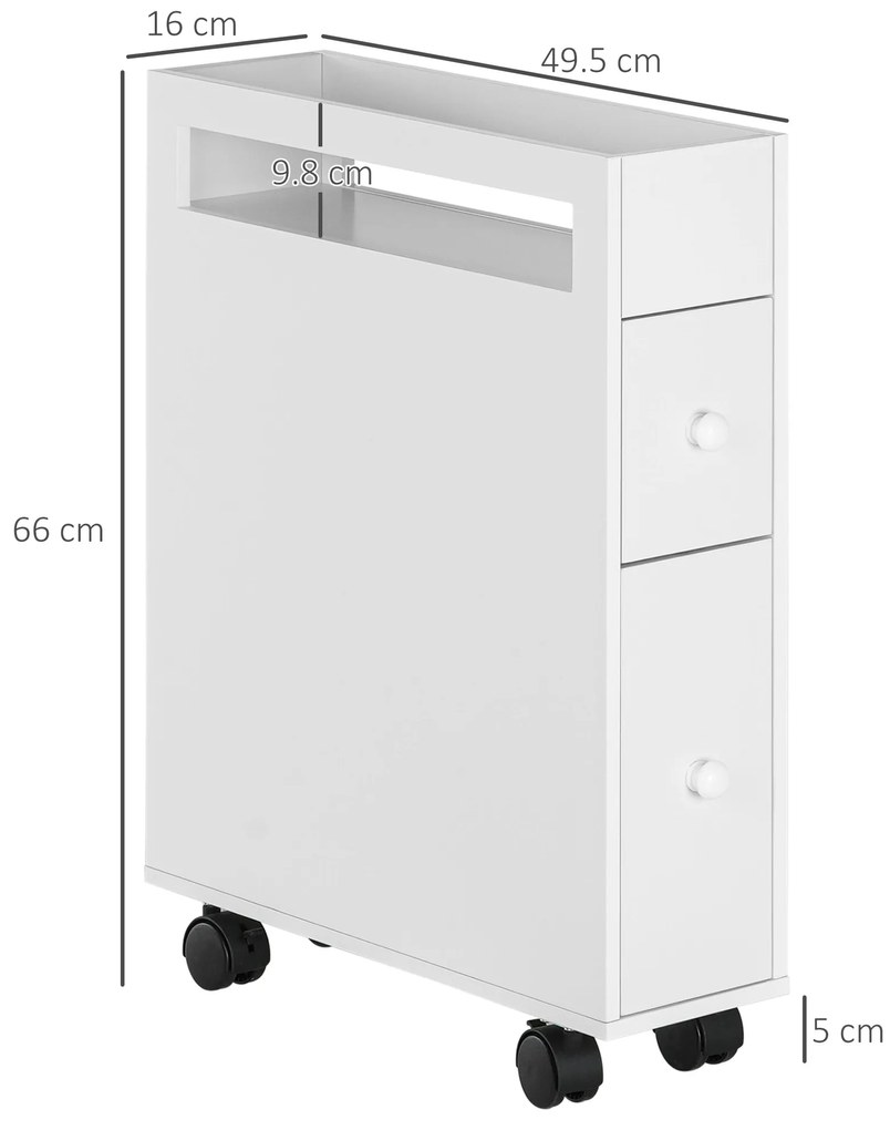 HOMCOM Carucior Cu Rotile pentru Spatiu Ingust Dulap de Baie, Design Compact, doua Sertare, patru Roti, alb, 16 x 49,5 x 66 cm | Aosom Romania