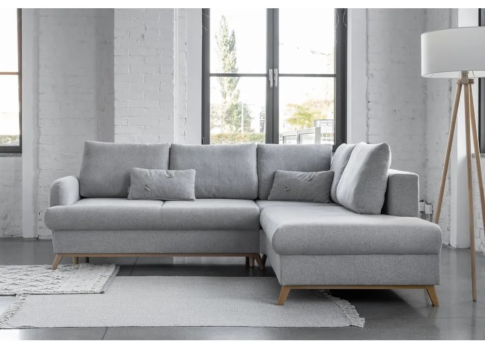 Colțar gri deschis extensibil/cu spațiu de depozitare (cu colț pe partea dreaptă/în formă de ”L”) Scandic Lagom – Miuform