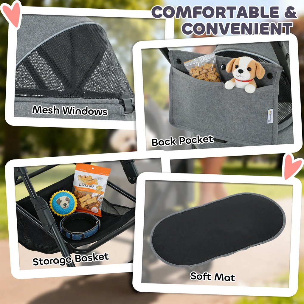 PawHut Cărucior pentru câini Cărucior 3 în 1 detașabil pliabil cu cușetă amovibilă și fără fermoar suspensie Gri | Aosom Romania